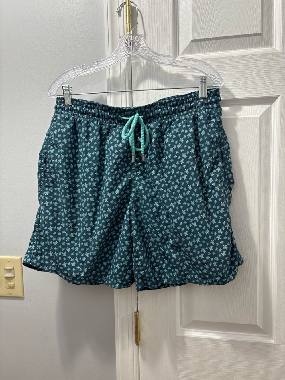 Vilebrequin Sea Turtle Print Swim Trunks Aqua Blue Mesh Lined Shorts Size XL